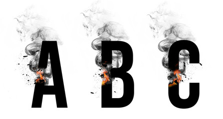 Burning black letters A, B, C. Smoke Font. Alphabet breaks down with small fire and smoke. Illustration.
