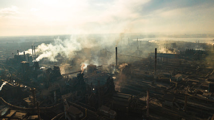 metallurgical production plant full cycle smoke from pipes bad ecology aerial photography