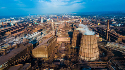 metallurgical production plant full cycle smoke from pipes bad ecology aerial photography