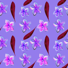 Fototapeta na wymiar Frangipani Plumeria Tropical Flowers. Seamless Pattern Background. Tropical claret and violet floral summer seamless pattern lilac background with plumeria flowers with leaves.