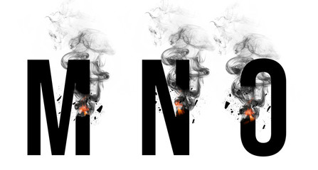 Burning black letters M, N, O. Smoke Font. Alphabet breaks down with small fire and smoke. Illustration. - obrazy, fototapety, plakaty