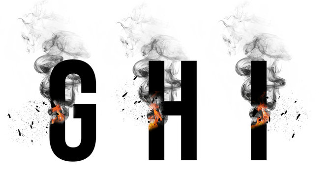 Burning black letters G, H, I. Smoke Font. Alphabet breaks down with small fire and smoke. Illustration.