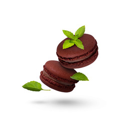 Chocolate macaroons isolated on white background, fresh mint leaves fly