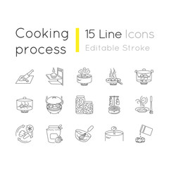 Cooking process pixel perfect linear icons set. Different food preparation methods, culinary techniques customizable thin line contour symbols. Isolated vector outline illustrations. Editable stroke