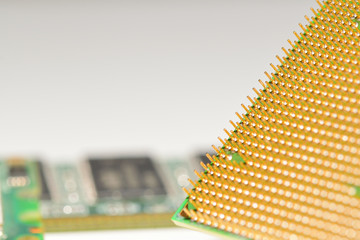 CPU with a memory on the background. Central processor unit. Golden pins of a processor.