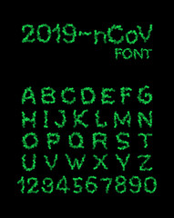 2019-ncov font. bacteria letter. Epidemic alphabet. Pandemic ABC. Letters are made up of viruses. Coronavirus vector illustration