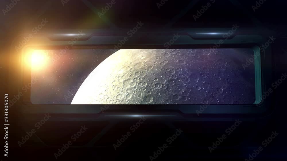 Poster the moon is visible from the porthole of a spaceship.