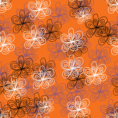 Seamless repeat pattern with hand drawn white, black, beige flowers on lush lava background.Great for wedding decor, wrapping paper, background, fabric print, web page backdrop, wallpaper.