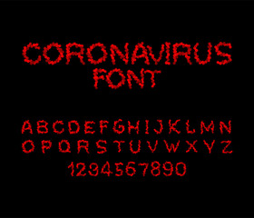 Fototapeta na wymiar Coronavirus Font. bacteria letter. Epidemic alphabet. Pandemic ABC. Letters are made up of viruses. 2019-ncov font
