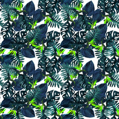 Original seamless tropical pattern with Strelitzia and leaves on white background. Seamless pattern with colorful leaves of colocasia, filodendron, monstera. Exotic wallpaper. Hawaiian style. © Olena
