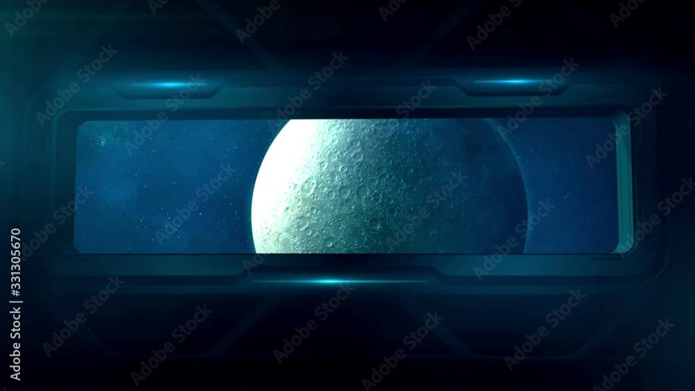 Poster view of the moon from the porthole of a spaceship.