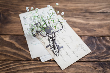 Old miniature iron bicycle with flowers on wooden background, toned vintage, selective focus
