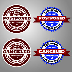 Obraz premium Stamps for canceling and postponing events during the COVID-19 pandemic