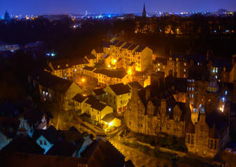 Top view on Dean village in old part of Edinburgh at night, capital of Scotland