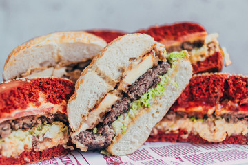 powerful burgers with juicy cutlets, fresh vegetables and crispy buns.