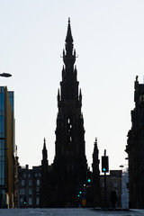 View on gothic monument building on Pricess street in old part of Edinburgh, capital of Scotland