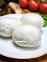 Cheese collection, white italian mozzarella cheese balls for salad or for appetizer snacks from deli shop in New York, USA