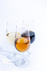 Fortified wine from Andalusia, Spain, different types of sherry in glasses on white background