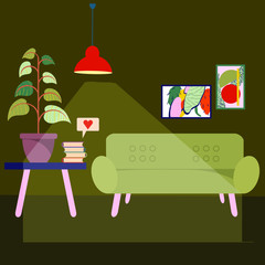 Cute room, interior. books, table, sofa, flower, picture, lamp. Vector flat illustration. Hand drawn