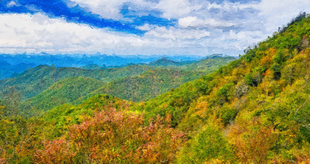 Impressionistic Style Artwork of Autumn in the Appalachian Mountains Viewed Along the Blue Ridge Parkway