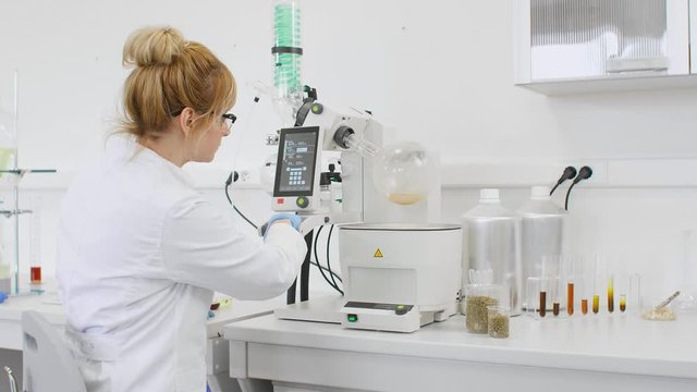Chemist extracting cbd with rotavapor in laboratory