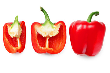 red sweet bell pepper with slices isolated on white background. top view
