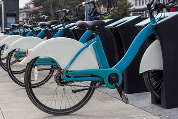 Bike Rental City bikes for rent Rental bicycles. Bicycles rental station outdoor.
