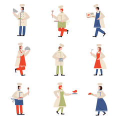 Set of chef-cook characters in different action poses. Vector illustration in flat cartoon style.