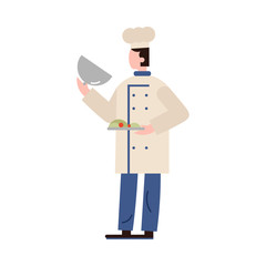 Chef-cook male character presenting meal on a silver platter. Vector illustration in flat cartoon style.