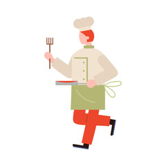 Chef-cook male character carrying meal on a silver skillet. Vector illustration in flat cartoon style.