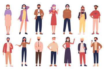 Vector People in casual clothes wearing face masks to prevent disease. Man woman medical face mask protection from coronavirus pandemia 2019-nCoV, COVID-19.