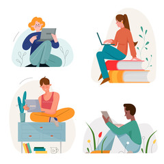 Sitting people with laptops flat vector illustration set isolated on white background. Cute men and women in different environment with opened notebooks, ultrabooks looks to the device screen