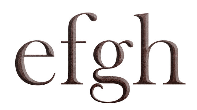 The font english alphabet of brown leather. Lettes "efgh" from a brown leather isolated on a white background.