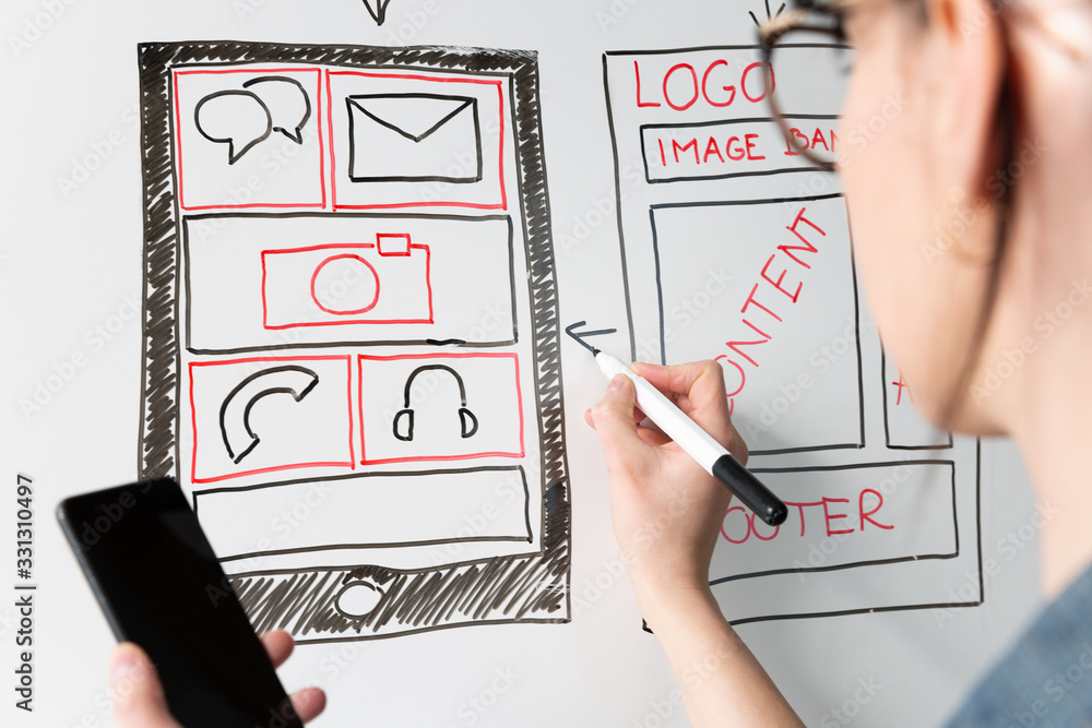 Sticker women website designer creative planning application development drawing template layout framework w