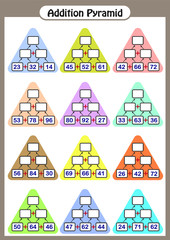 Maths Pyramids for Mental Maths Practice, complete the missing numbers, math worksheet for kids.