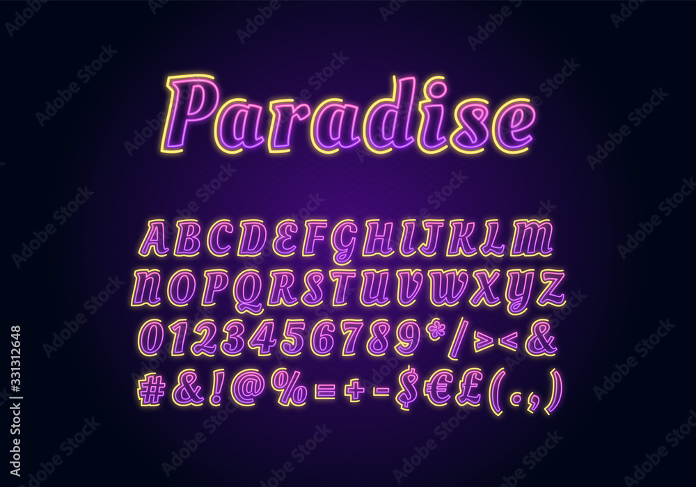 Fototapete paradise neon light font template. purple and yellow illuminated vector alphabet set. bright capital