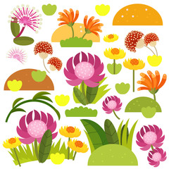 cartoon scene with beautiful and colorful flowers on white background - illustration