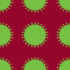 Seamless background of stylized COVID-19 viruses in lime green on dark blood-colored background