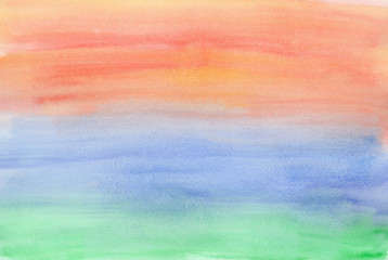 Horizontal nature gradient from green to blue and orange watercolor background, wash technique. Bright sunset sky, sea and forest watercolour textured concept