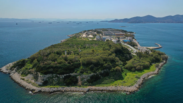 Aerial drone photo of small island of Psitaleia a latest technology industrial sewage plant near port of Piraeus, Attica, Greece
