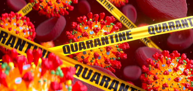 Coronavirus COVID-19 quarantine concept. 2019-nCov virus cells in bloodstream with quarantine ribbons. 3d render.