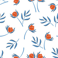 Red Tulips and Leaves. Vector Floral Seamless Pattern. Beautiful Flowers and Leaves Colorful Background. Ditsy Floral Print. Summer and Spring Nature Wallpaper