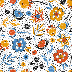 Bright Wildflowers. Vector Floral Seamless Pattern. Beautiful Flowers and Leaves Colorful Background. Ditsy Floral Print. Summer and Spring Nature Wallpaper