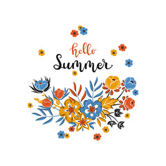 Fototapeta na wymiar Hello Summer Text and Floral Wreath Frame. Hand Drawn Lettering Poster with Flowers. Lovely Summer Theme Invitation or Greeting Card with Wildflowers