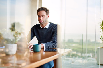 Young businessman sitting at home working on a laptop