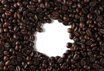 Coffee beans frame isolated on white background and texture, top view