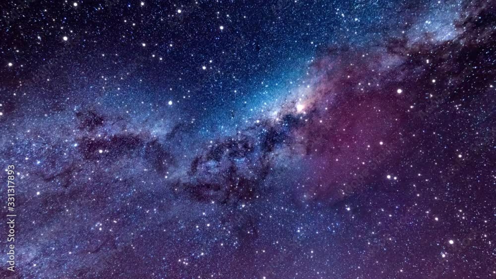 Wall mural camera flying through the clouds and star field in outer space. animation of flying through glowing 