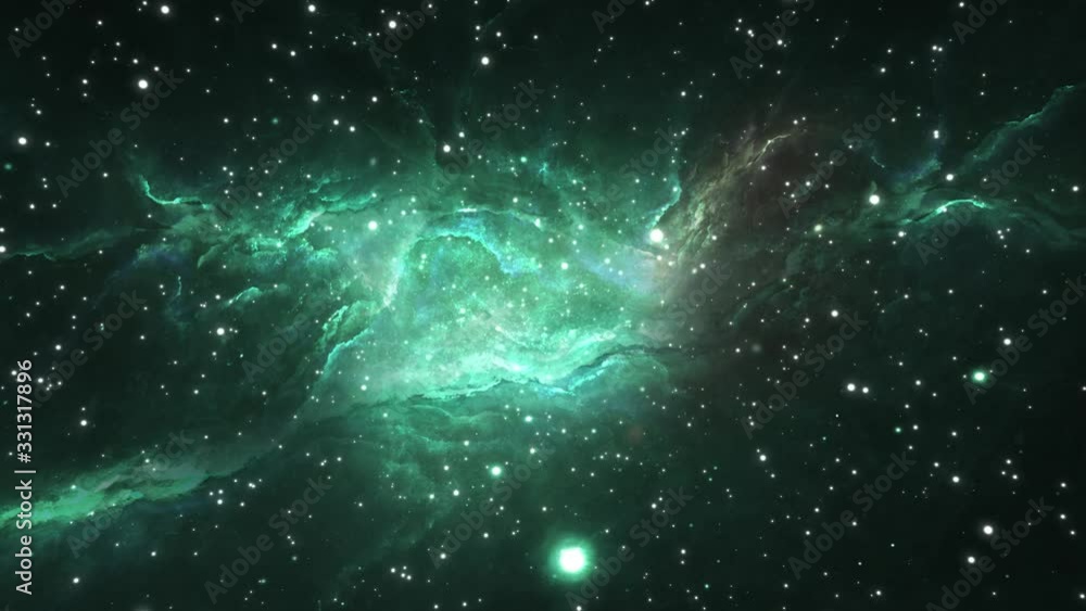 Wall mural camera flying through the clouds and star field in outer space. animation of flying through glowing 
