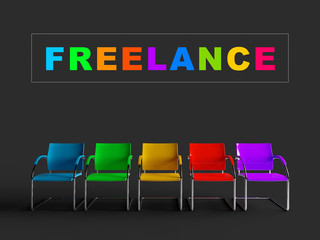 Freelance colorful text word above colored empty office chairs 3D render