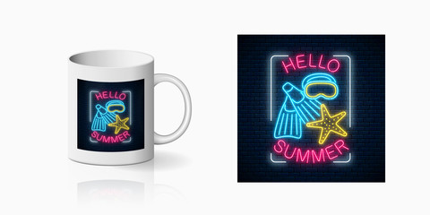 Neon summer begin party print with sea star, flippers and mask symbols for cup design. Shiny summertime symbol, design, banner in neon style on mug mockup. Vector shiny design element